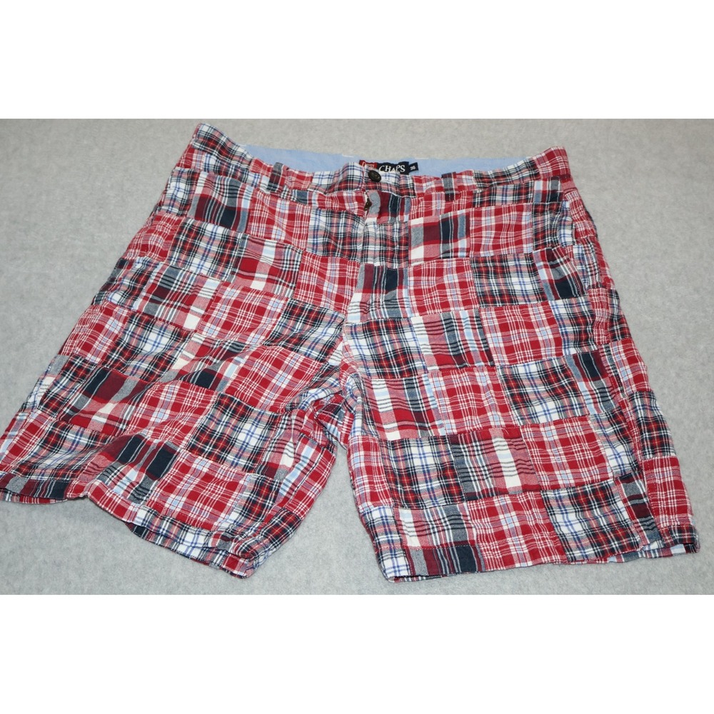 Chaps Patchwork Shorts Mens 36 Red Plaid Madras Cotton Flat Front